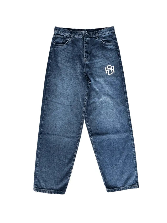 Jeans da uomo Baggy Y2k, stile vintage, pantaloni in denim, con gamba larga, casual, da uomo, dritto, skateboard, denim, ragazzi, streetwear Hip Hop, Blu scuro, XS