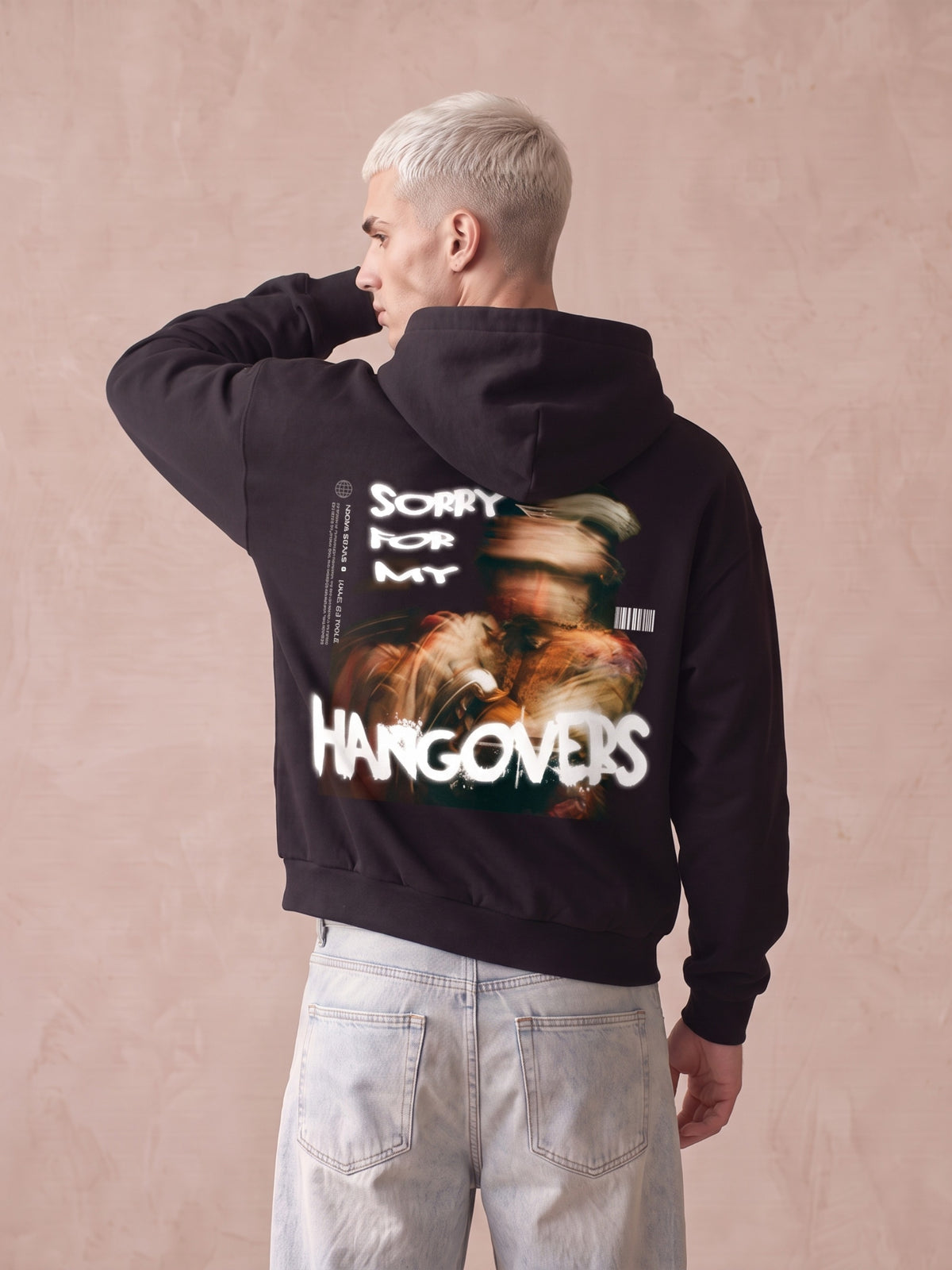 Retro di felpa nera con cappuccio con stampa "Sorry for my Hangovers" e immagine sfocata luminosa