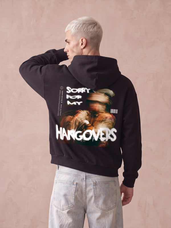 Retro di felpa nera con cappuccio con stampa "Sorry for my Hangovers" e immagine sfocata luminosa