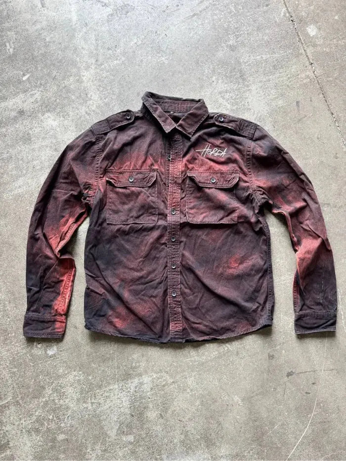Camicia Militare Lavaggio a corrosione Nera Horda Brand Streetwear