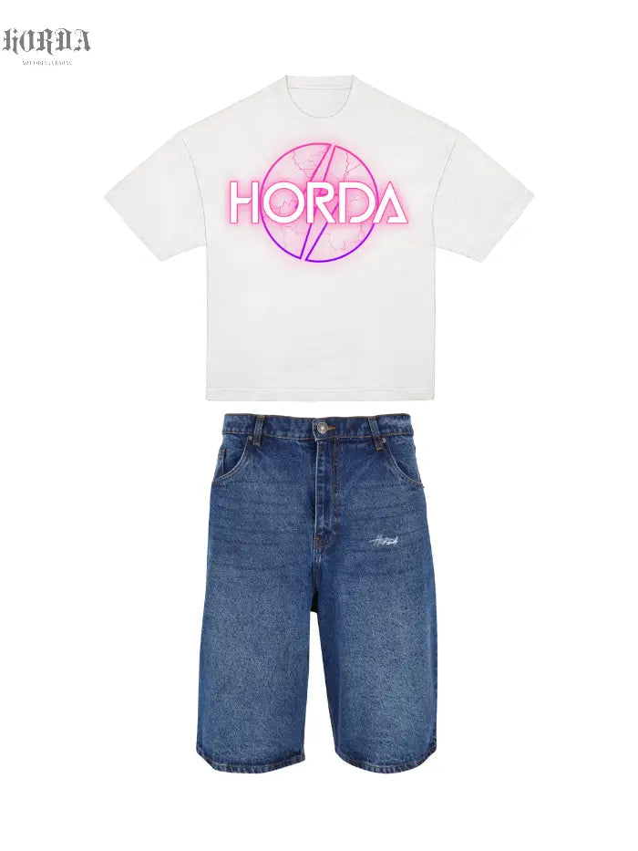 Combo Denim Shorts Over Blue Washed e T-shirt Y2K Fucsia Horda Brand Streetwear