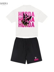 Combo T-shirt Nera 100% Cotone Boxy Fit Horda X3 Fucsia e Shorts Horda Brand Streetwear