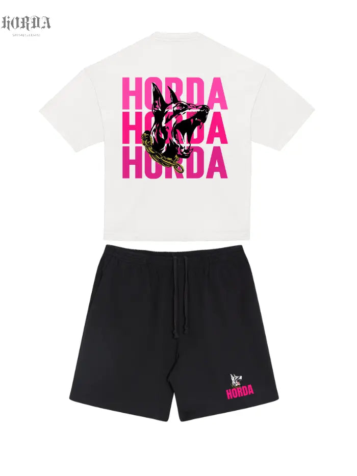 Combo T-shirt Nera 100% Cotone Boxy Fit Horda X3 Fucsia e Shorts Horda Brand Streetwear