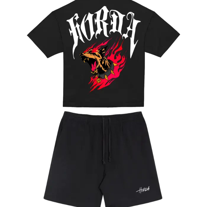 Combo T-shirt nera 100% cotone Gotic Flame e Shorts Basic Horda Brand Streetwear