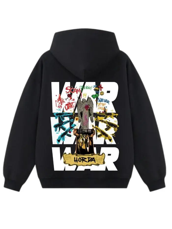Felpa con cappuccio 100% Cotone Nero War Oversize Fit - Horda Brand Streetwear