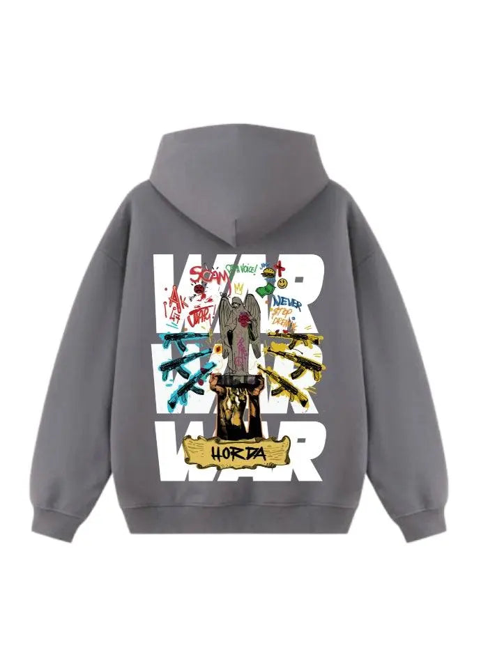 Felpa con cappuccio 100% Cotone Grigio War Oversize Fit - Horda Brand Streetwear