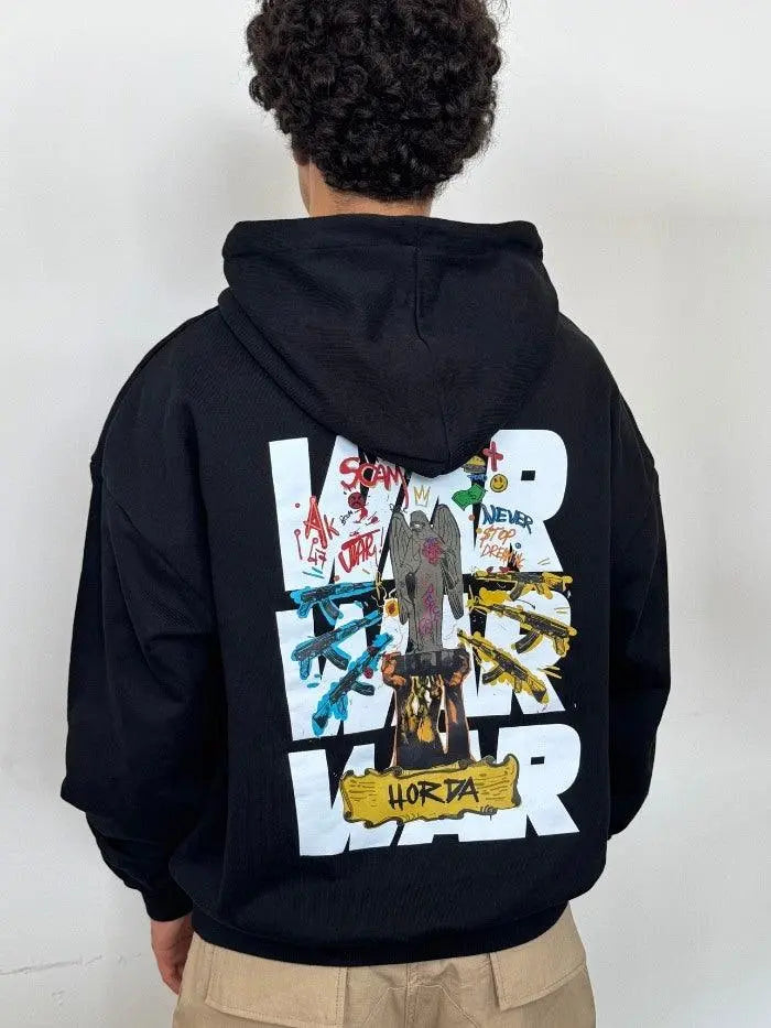Felpa con cappuccio 100% Cotone Nero War Oversize Fit - Horda Brand Streetwear