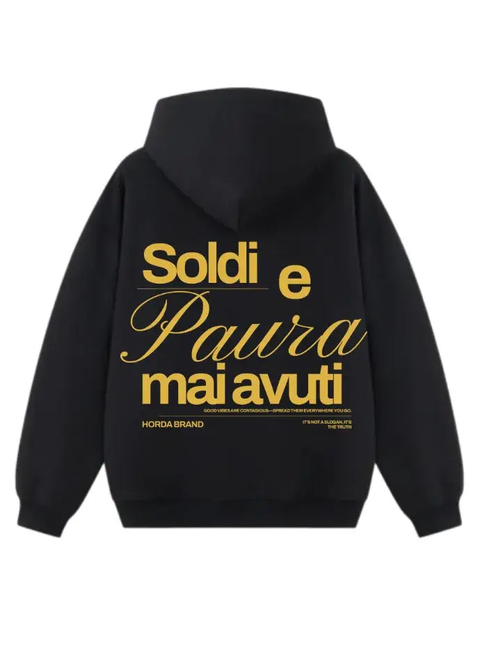 Felpa Nera con Cappuccio Soldi e Paura | Boxy Fit Made in Italy Horda Brand