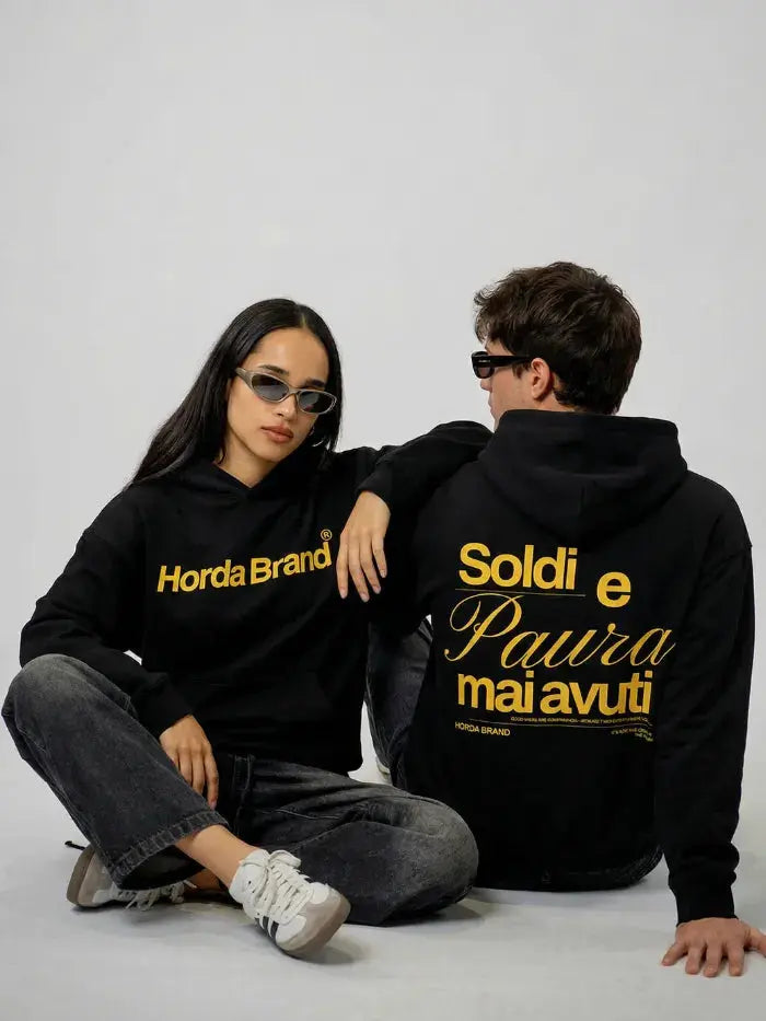 Felpa Nera con Cappuccio Soldi e Paura | Boxy Fit Made in Italy Horda Brand