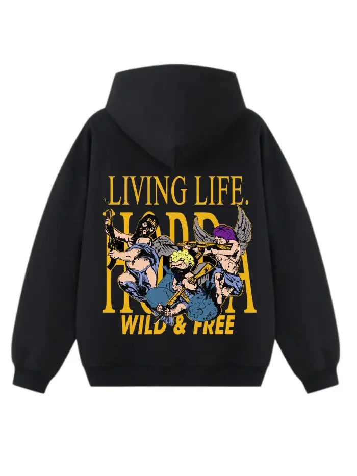 Felpa con cappuccio nera 100% cotone Boxy Fit Wild & Free Horda Brand Streetwear