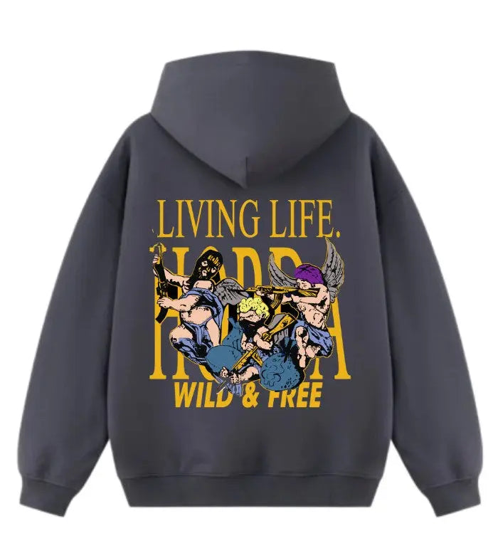 Felpa con cappuccio nera 100% cotone Boxy Fit Wild & Free Horda Brand Streetwear