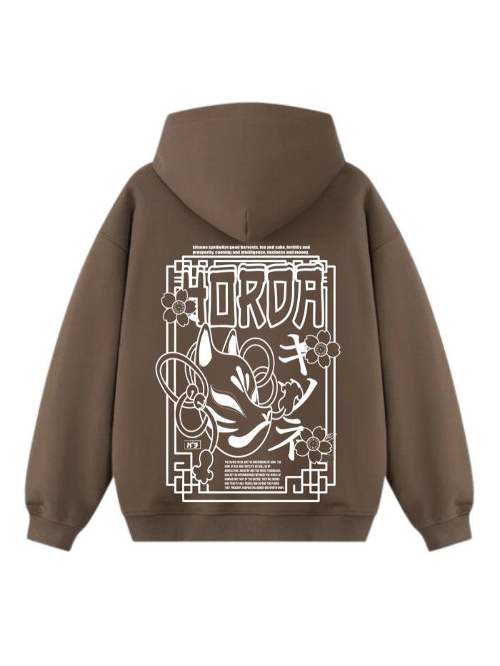 Felpa con cappuccio 100% cotone Marrone Kitsune - Horda Brand Streetwear