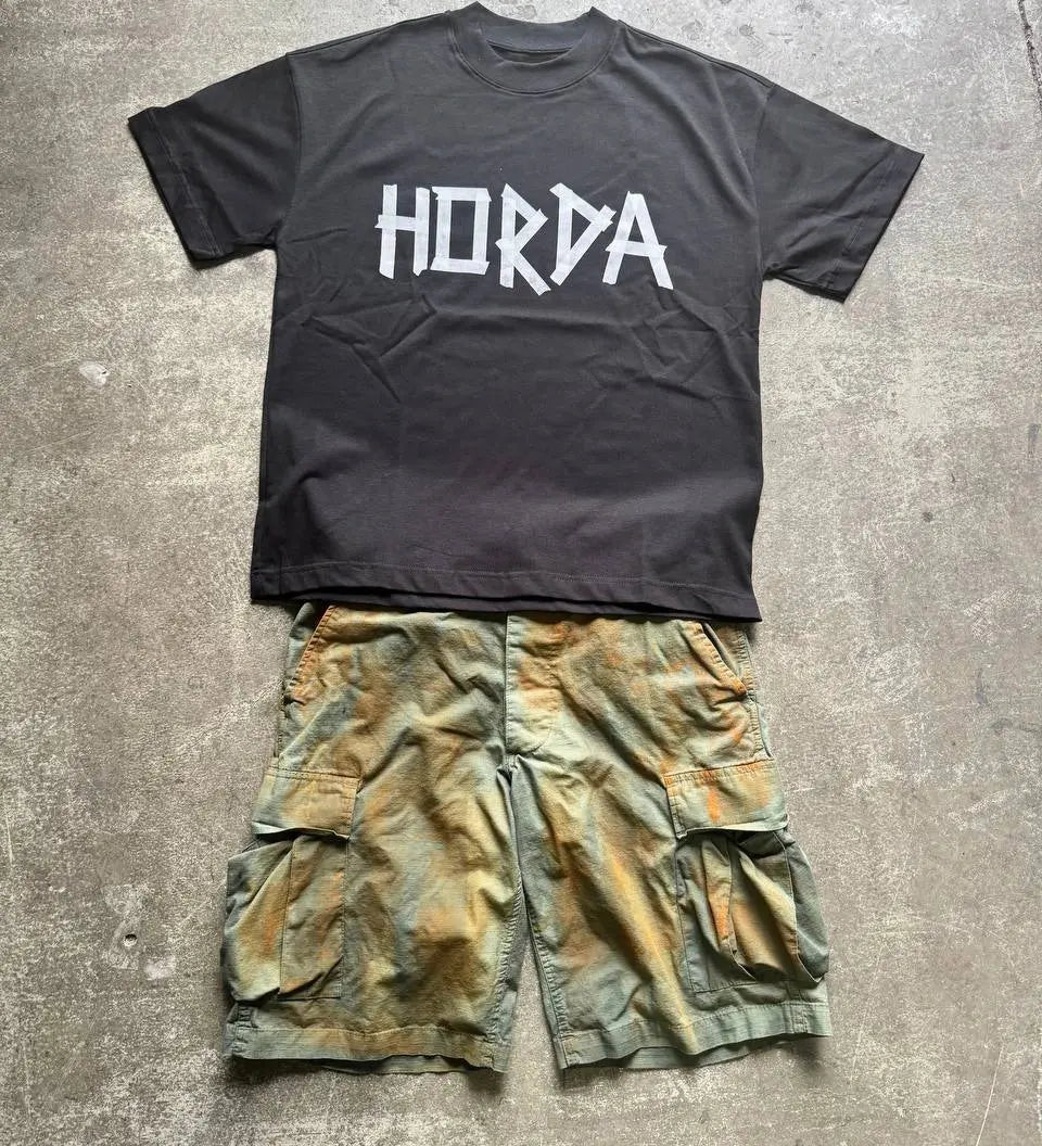 Fit Completo Cargo Shorts Green Whased Brush e T-shirt "Taped" Horda Brand Streetwear