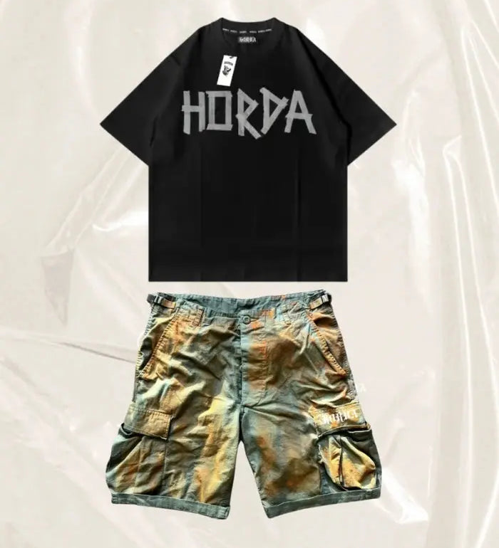 Full Outfit Cargo Shorts Green Whased Brush + T-shirt "Taped" Horda Brand Streetwear