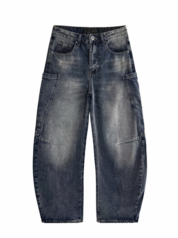 Jeans balloon fit denim grigio-blu effetto used con tasche laterali stile cargo, vista frontale, Horda Brand