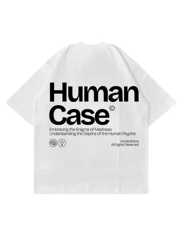T-shirt bianca vista retro con stampa grafica "Human Case" e logo Horda Brand