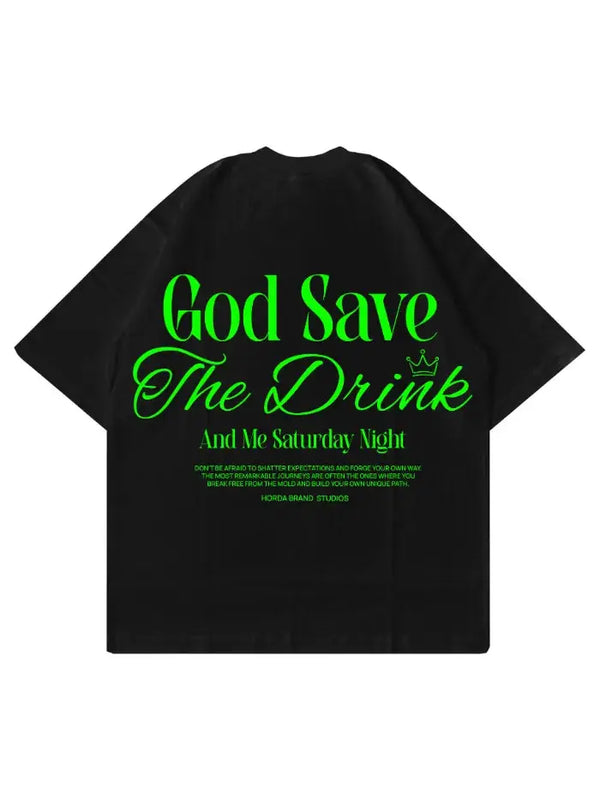 T-shirt nera Horda Brand con stampa retro God Save The Drink in verde
