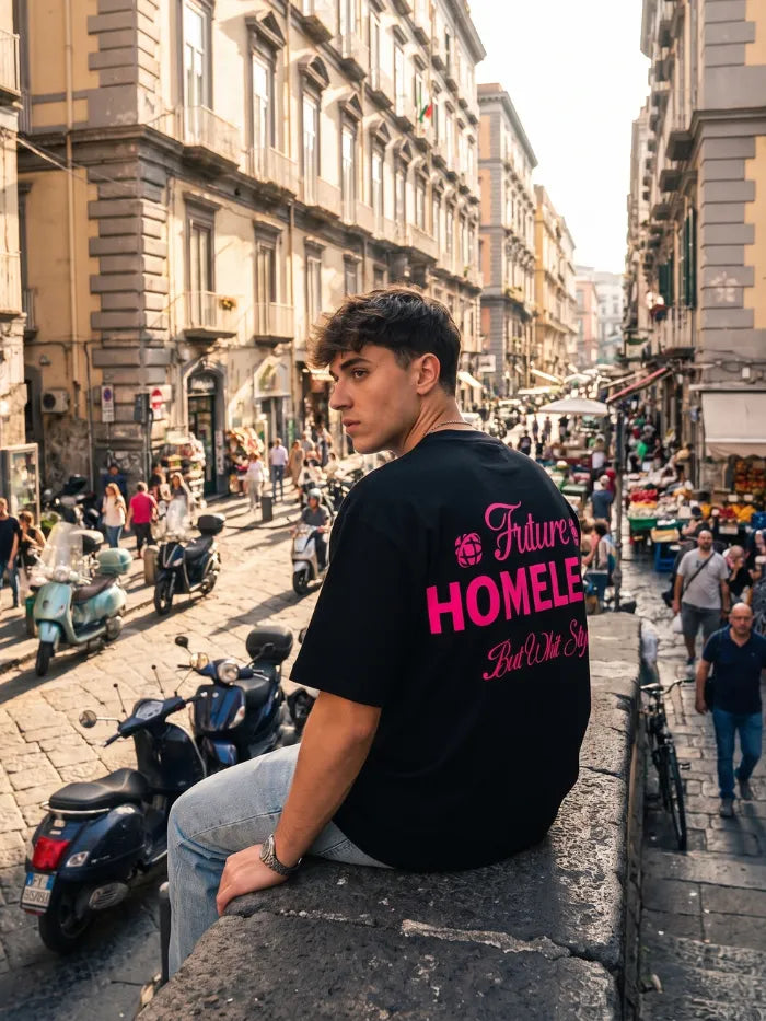 T-Shirt Nera 100% Cotone - Homeless - Made in Italy Horda Brand