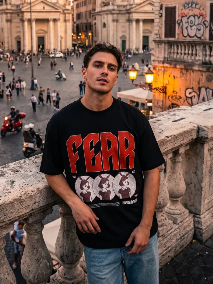 T-Shirt Nera 220gr Fear Oversize Cotone Made in Italy Horda Brand