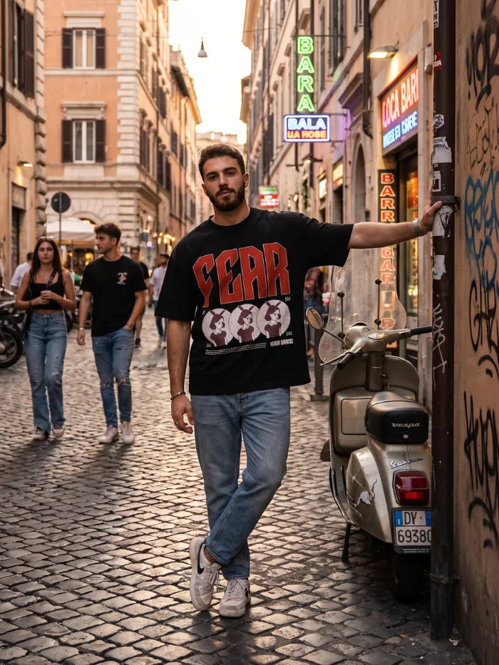 T-Shirt Nera 220gr Fear Oversize Cotone Made in Italy Horda Brand