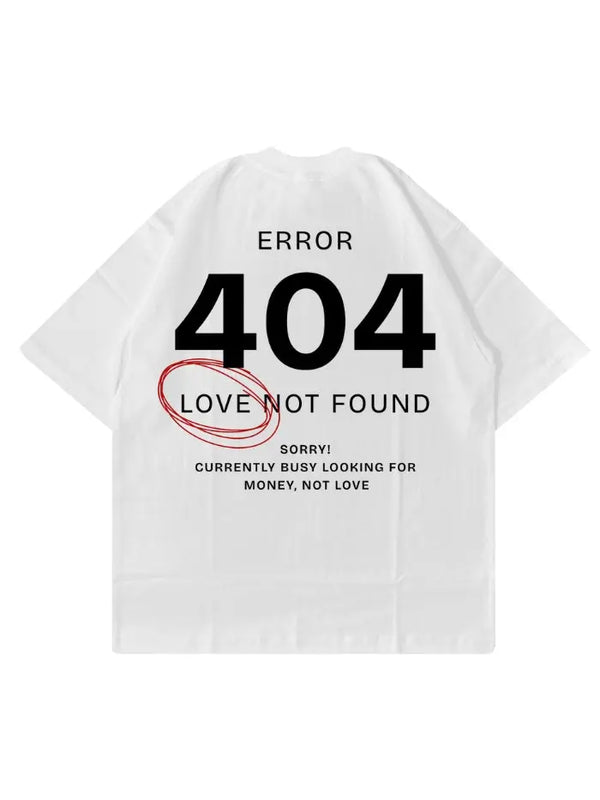 T-shirt bianca Horda Brand con stampa "Error 404 Love Not Found" sul retro, capo steso su sfondo bianco