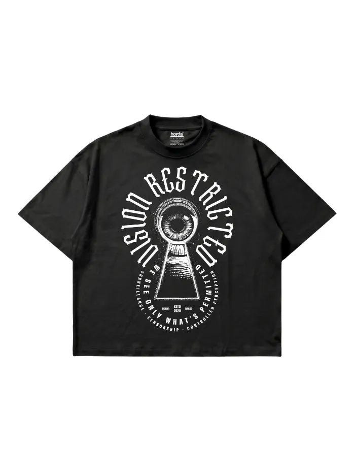 T-shirt Nera Boxy Fit 200gsm "Vision Restricted" | Horda® Eye Graphic Horda
