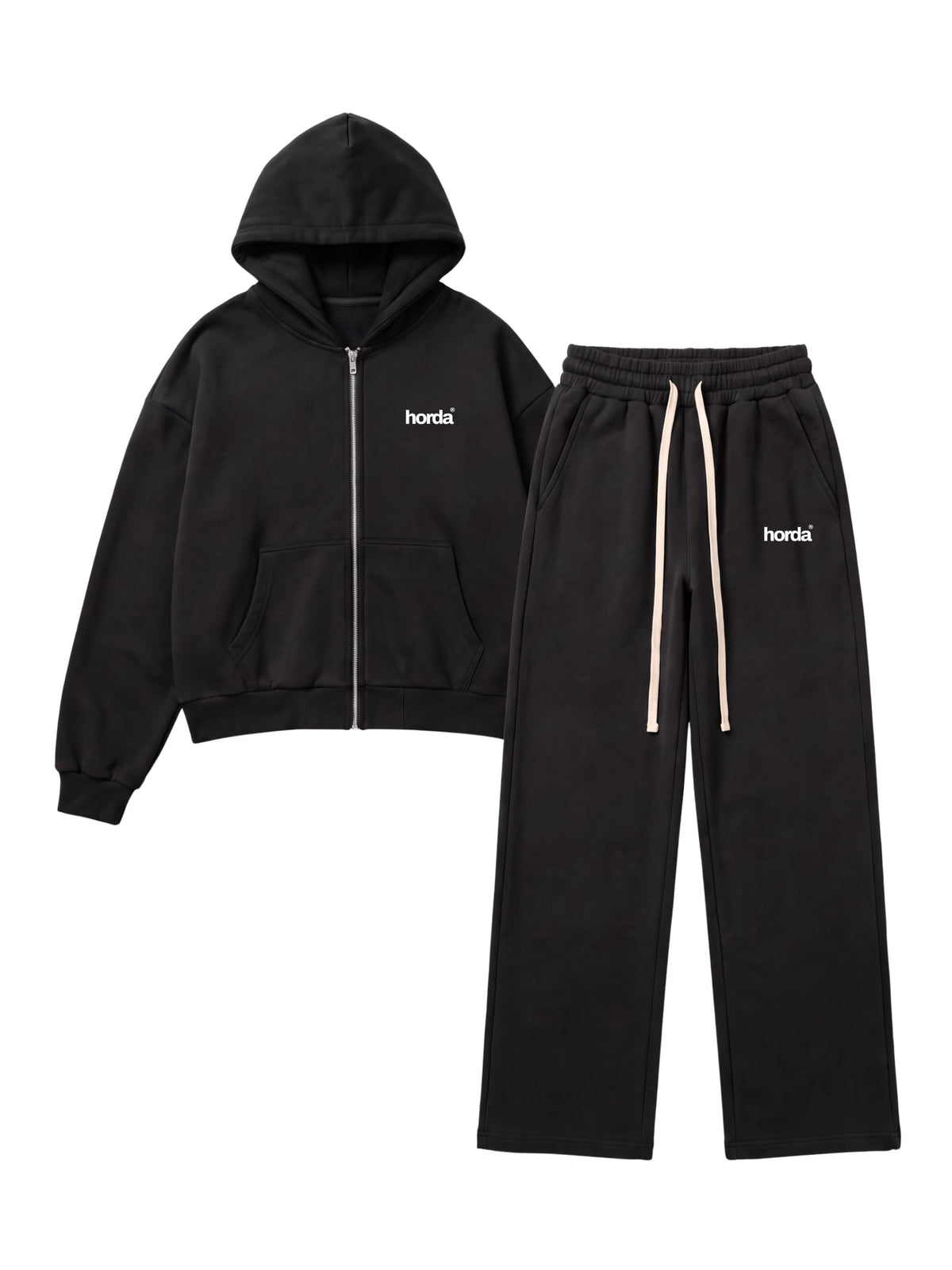 Tuta nera Oversize completa: Felpa Con Zip e Pantaloni a Palazzo